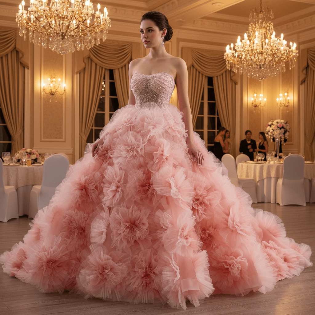 Luxury Blushing Pink Ball Gown Quinceañera Dress with 3D Floral Appliqués - Rosymae