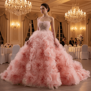Luxury Blushing Pink Ball Gown Quinceañera Dress with 3D Floral Appliqués - Rosymae