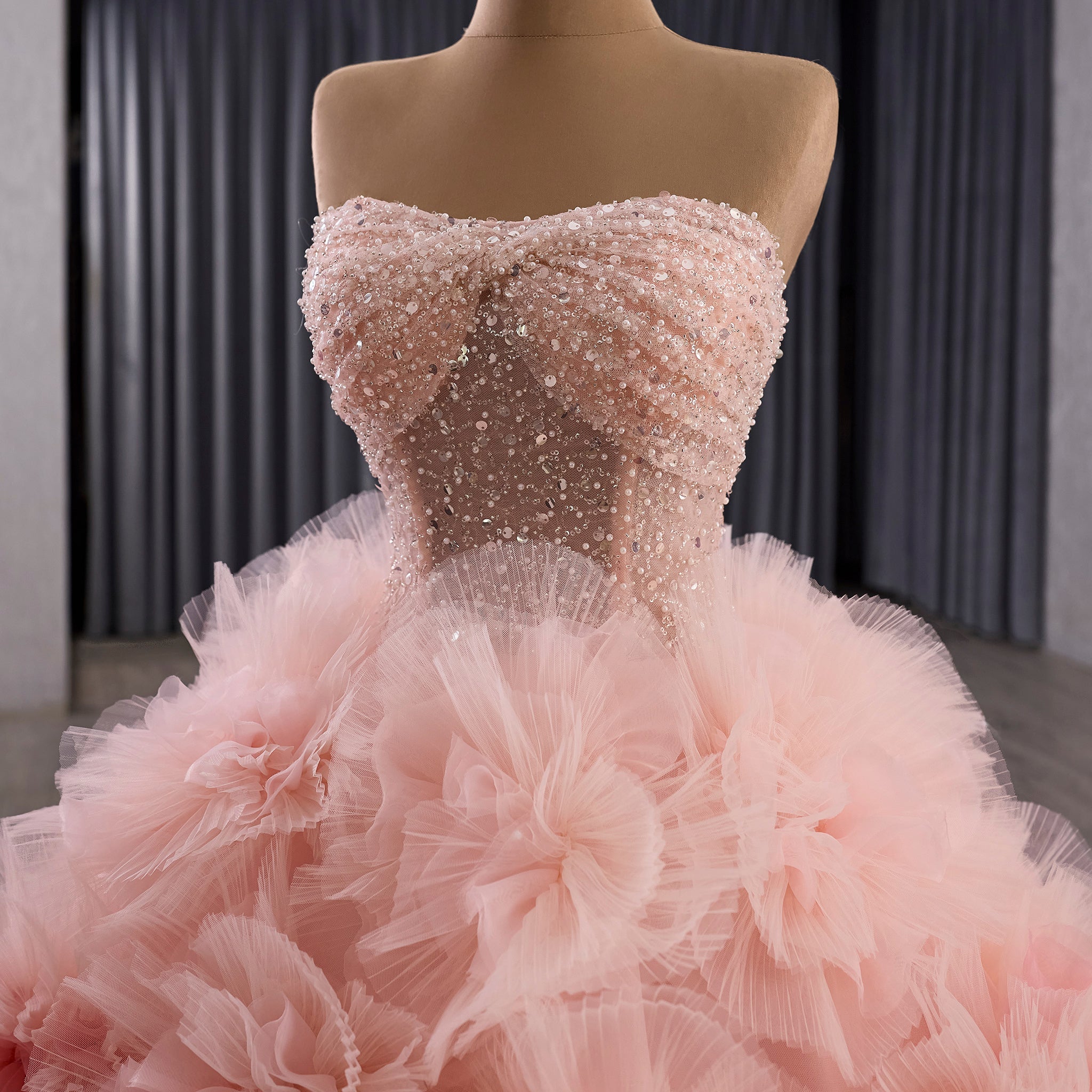Luxury Blushing Pink Ball Gown Quinceañera Dress with 3D Floral Appliqués - Rosymae
