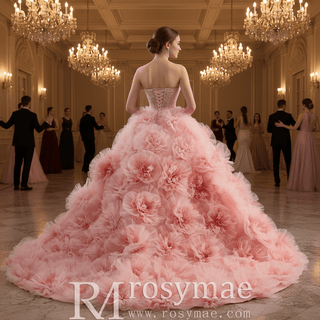 Luxury Blushing Pink Ball Gown Quinceañera Dress with 3D Floral Appliqués - Rosymae