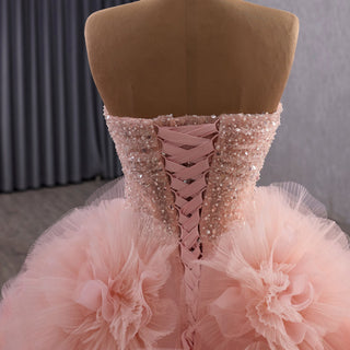 Luxury Blushing Pink Ball Gown Quinceañera Dress with 3D Floral Appliqués - Rosymae