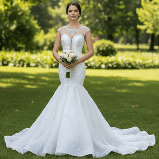 Luxury Cap Sleeve Beaded Trumpet Sparkly Wedding Dress - Rosymae