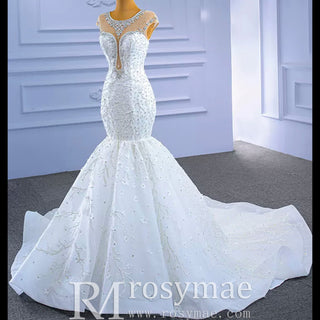 Luxury Cap Sleeve Beaded Trumpet Sparkly Wedding Dress - Rosymae