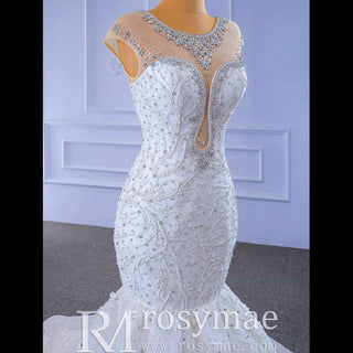 Luxury Cap Sleeve Beaded Trumpet Sparkly Wedding Dress - Rosymae