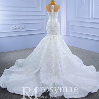 Luxury Cap Sleeve Beaded Trumpet Sparkly Wedding Dress - Rosymae
