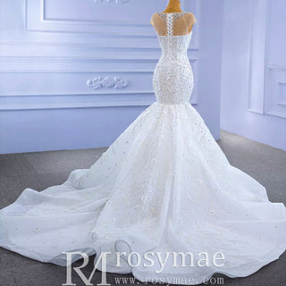 Luxury Cap Sleeve Beaded Trumpet Sparkly Wedding Dress - Rosymae