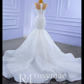 Luxury Cap Sleeve Beaded Trumpet Sparkly Wedding Dress - Rosymae