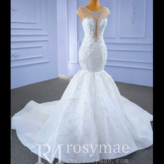 Luxury Cap Sleeve Beaded Trumpet Sparkly Wedding Dress - Rosymae
