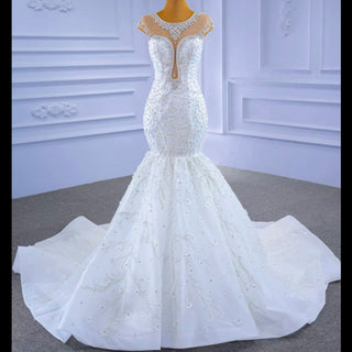 Luxury Cap Sleeve Beaded Trumpet Sparkly Wedding Dress - Rosymae