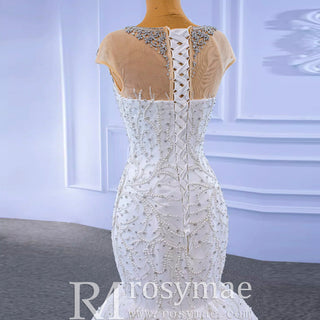 Luxury Cap Sleeve Beaded Trumpet Sparkly Wedding Dress - Rosymae