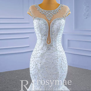Luxury Cap Sleeve Beaded Trumpet Sparkly Wedding Dress - Rosymae
