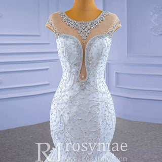 Luxury Cap Sleeve Beaded Trumpet Sparkly Wedding Dress - Rosymae