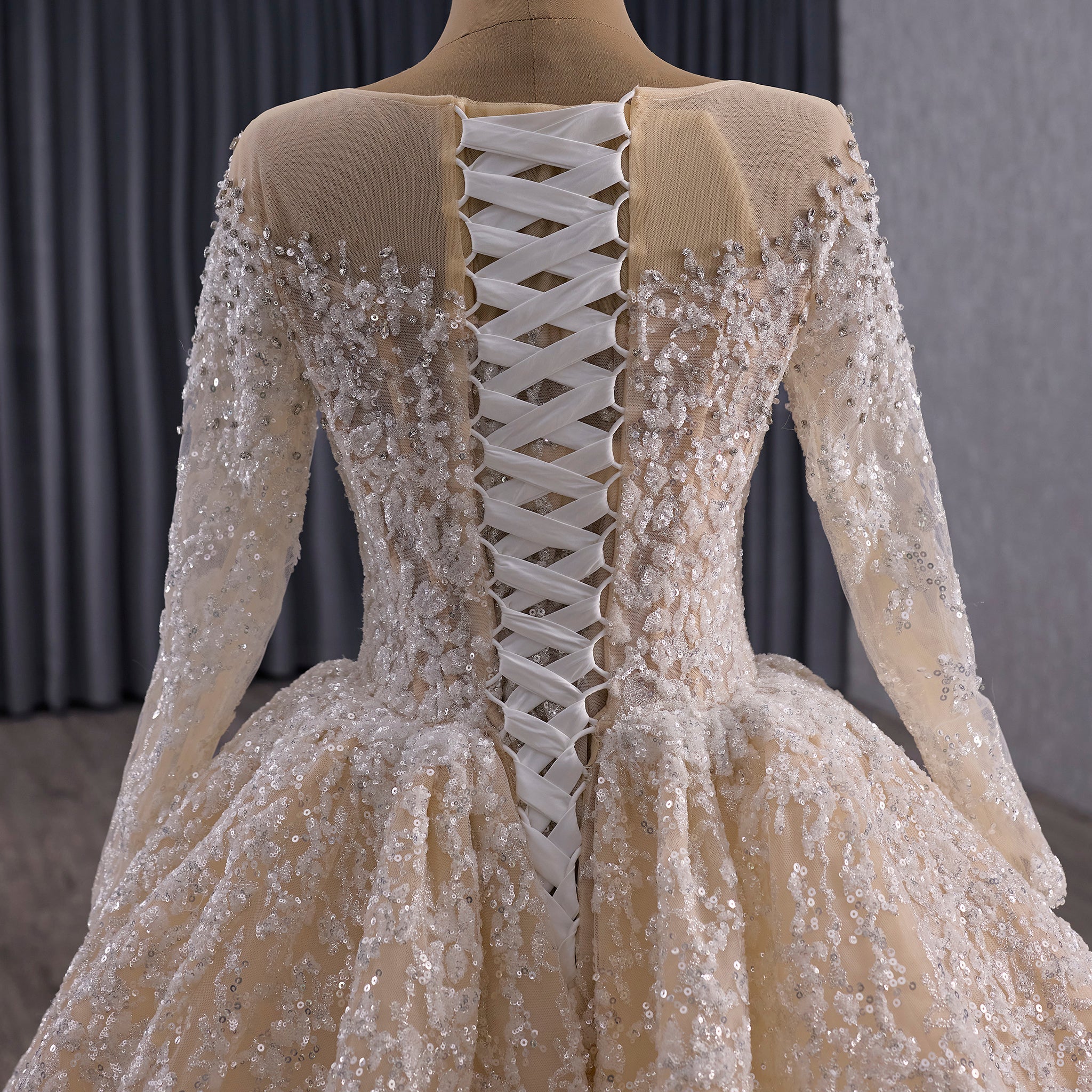 Luxury Champagne Ball Gown Wedding Dress with Sheer Scoop & Long Sleeves - Rosymae