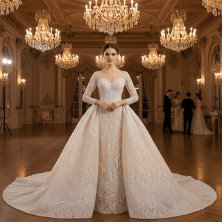 Luxury Champagne Ball Gown Wedding Dress with Sheer Scoop & Long Sleeves - Rosymae