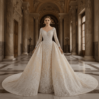 Luxury Champagne Ball Gown Wedding Dress with Sheer Scoop & Long Sleeves - Rosymae
