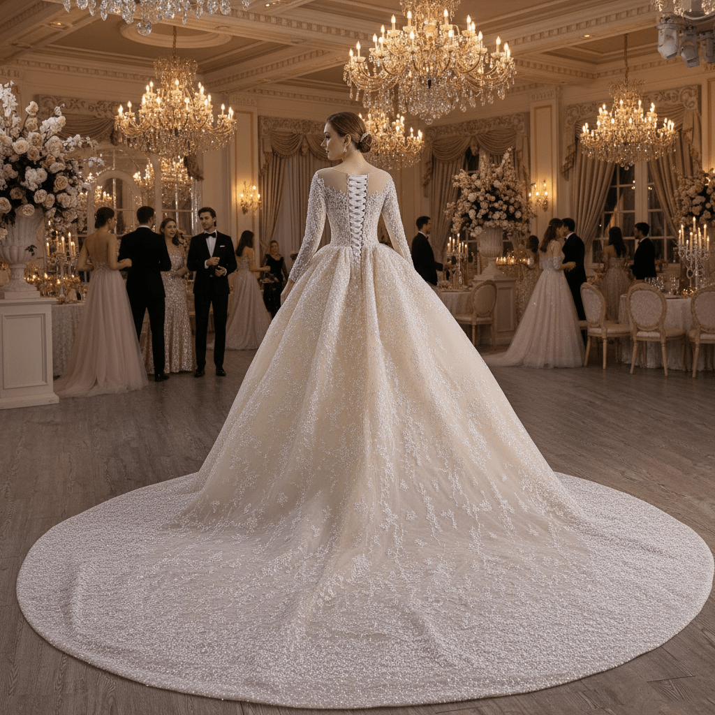 Luxury Champagne Ball Gown Wedding Dress with Sheer Scoop & Long Sleeves - Rosymae