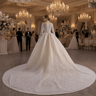 Luxury Champagne Ball Gown Wedding Dress with Sheer Scoop & Long Sleeves - Rosymae