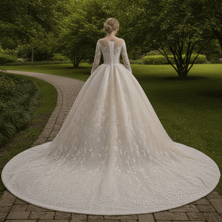 Luxury Champagne Ball Gown Wedding Dress with Sheer Scoop & Long Sleeves - Rosymae