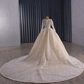 Luxury Champagne Ball Gown Wedding Dress with Sheer Scoop & Long Sleeves - Rosymae