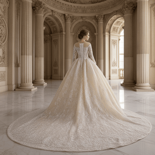 Luxury Champagne Ball Gown Wedding Dress with Sheer Scoop & Long Sleeves - Rosymae