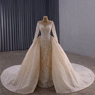 Luxury Champagne Ball Gown Wedding Dress with Sheer Scoop & Long Sleeves - Rosymae