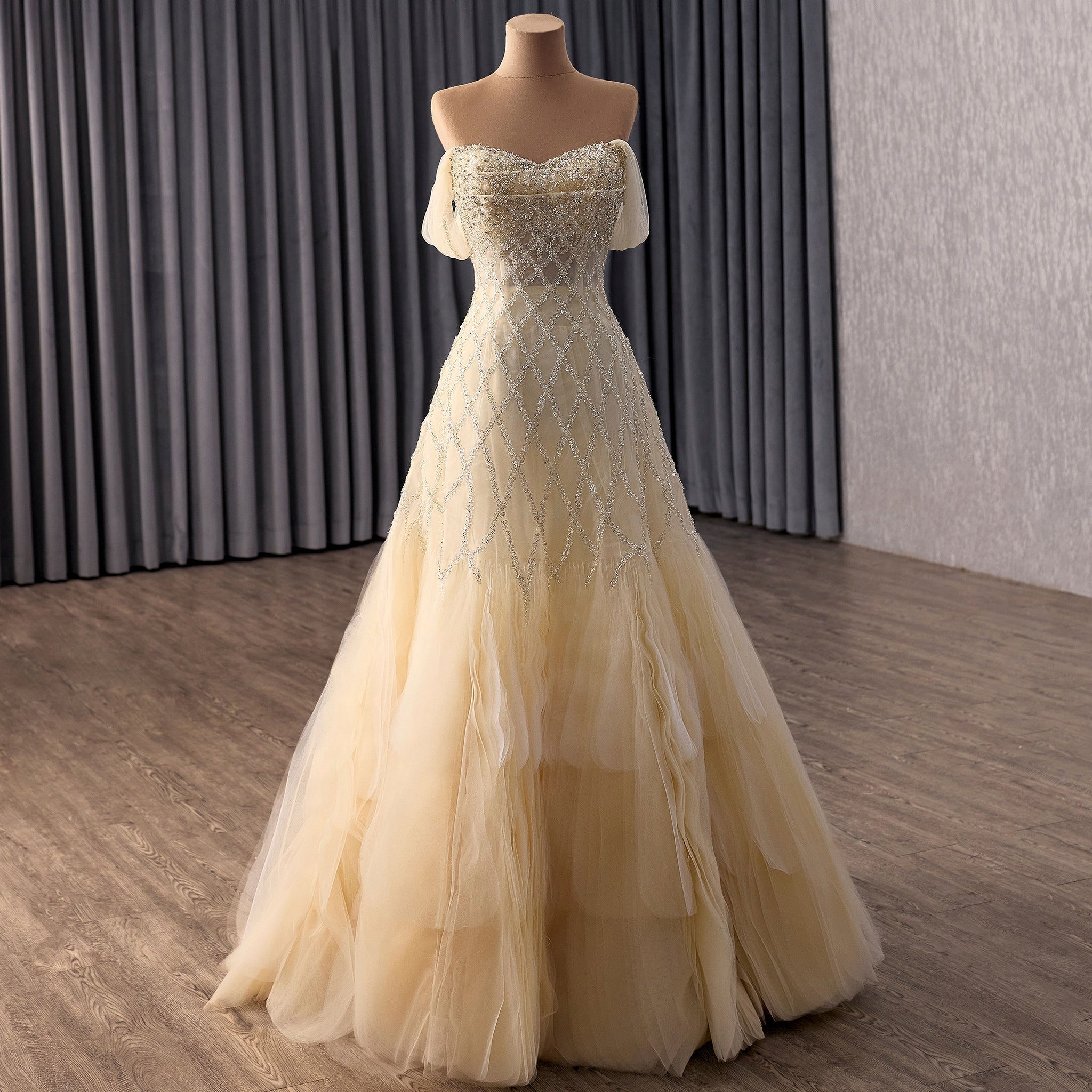 Luxury Champagne Evening Dress with Beaded Bodice & Tiered Skirt - Rosymae