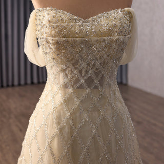 Luxury Champagne Evening Dress with Beaded Bodice & Tiered Skirt - Rosymae