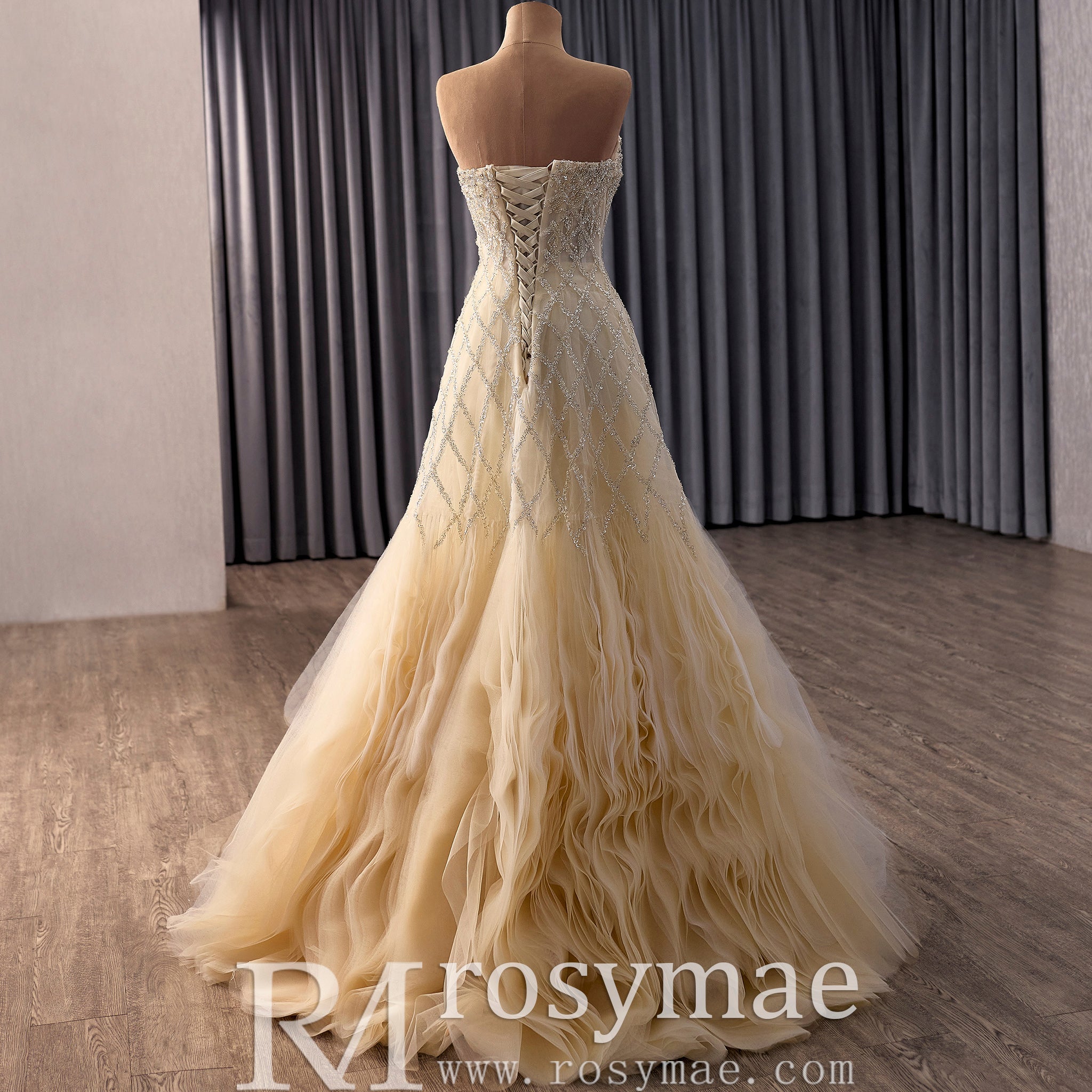 Luxury Champagne Evening Dress with Beaded Bodice & Tiered Skirt - Rosymae