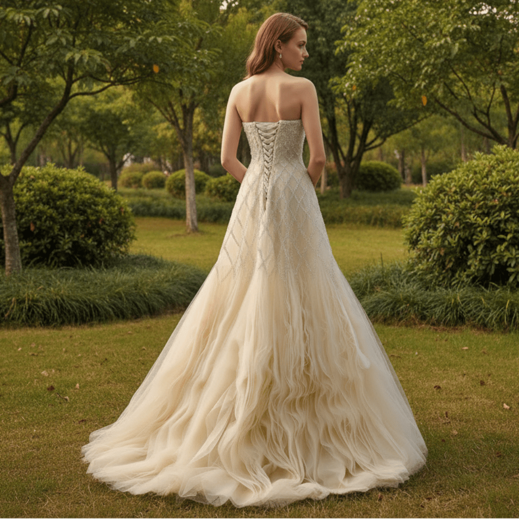Luxury Champagne Evening Dress with Beaded Bodice & Tiered Skirt - Rosymae