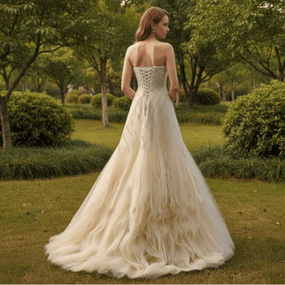 Luxury Champagne Evening Dress with Beaded Bodice & Tiered Skirt - Rosymae