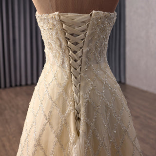 Luxury Champagne Evening Dress with Beaded Bodice & Tiered Skirt - Rosymae