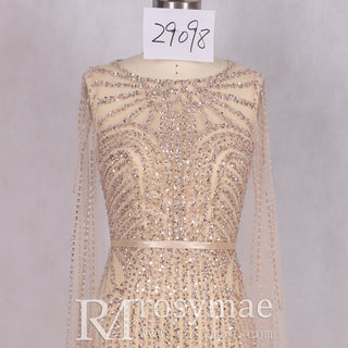 Luxury Champagne Mermaid Evening Dresses with Long Cape Sleeve - Rosymae