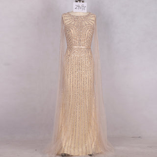 Luxury Champagne Mermaid Evening Dresses with Long Cape Sleeve - Rosymae
