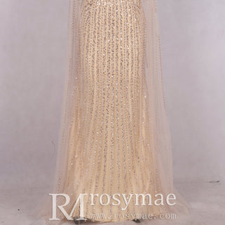 Luxury Champagne Mermaid Evening Dresses with Long Cape Sleeve - Rosymae