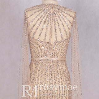 Luxury Champagne Mermaid Evening Dresses with Long Cape Sleeve - Rosymae