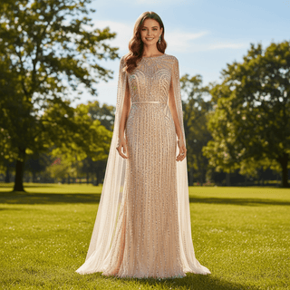 Luxury Champagne Mermaid Evening Dresses with Long Cape Sleeve - Rosymae
