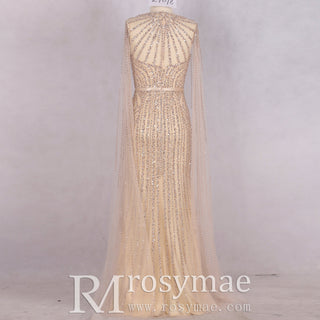 Luxury Champagne Mermaid Evening Dresses with Long Cape Sleeve - Rosymae