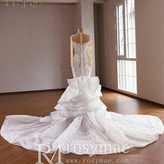 Luxury Crystal Beaded Mermaid Wedding Dress Illusion Neckline & Cascading Ruffle Train - Rosymae