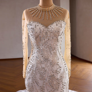 Luxury Crystal Beaded Mermaid Wedding Dress Illusion Neckline & Cascading Ruffle Train - Rosymae