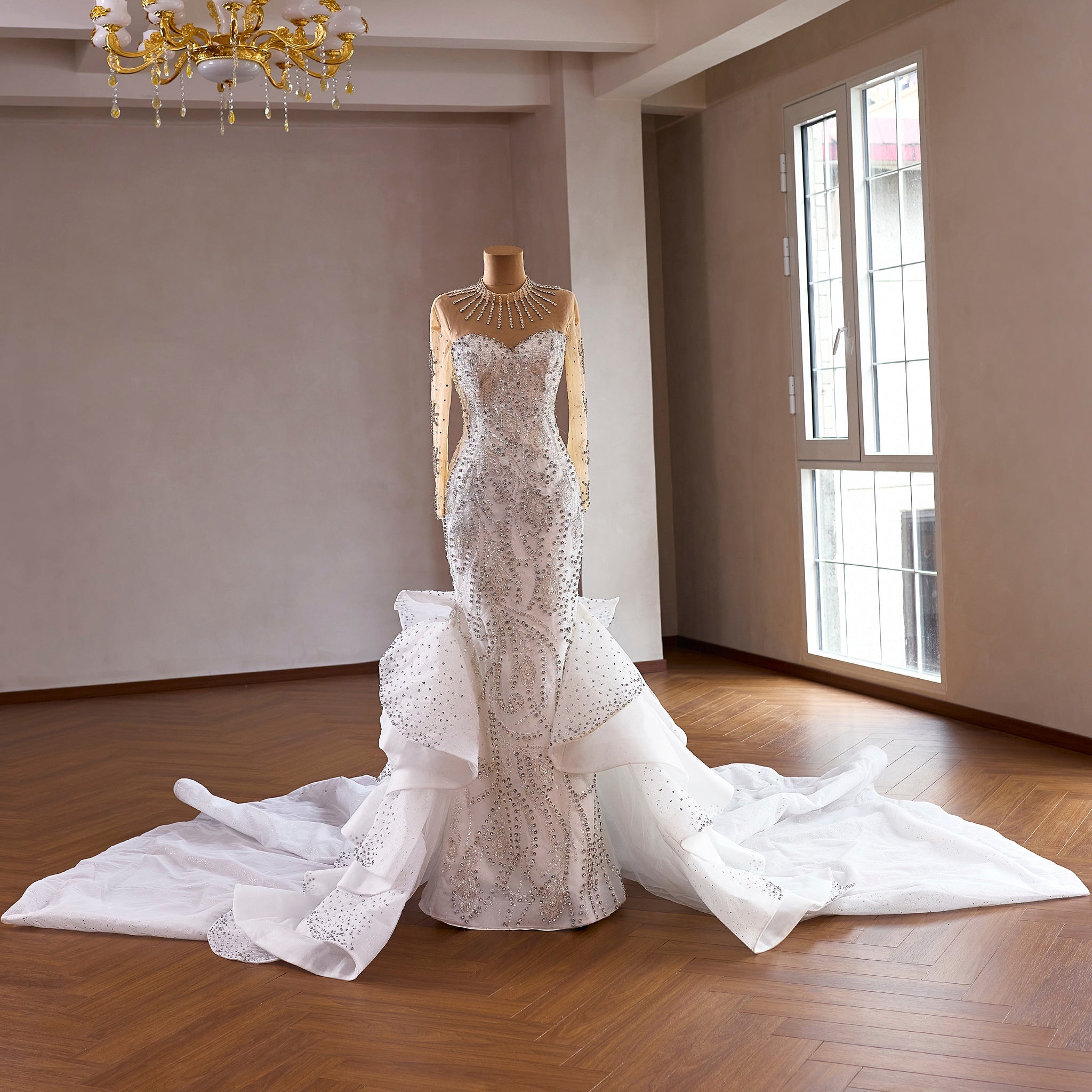 beaded illusion neckline wedding dress Beaded Lace Illusion Neck Organza A-line Chic Wedding Gown