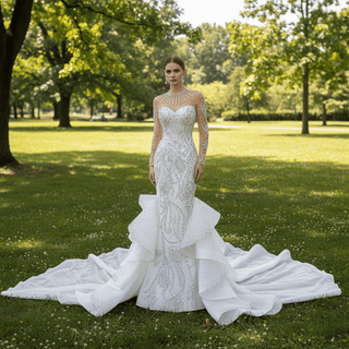 Luxury Crystal Beaded Mermaid Wedding Dress Illusion Neckline & Cascading Ruffle Train - Rosymae