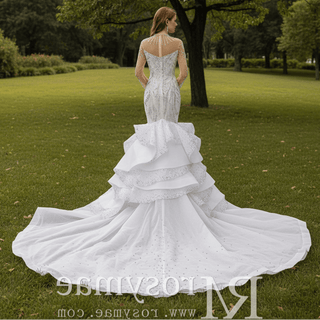 Luxury Crystal Beaded Mermaid Wedding Dress Illusion Neckline & Cascading Ruffle Train - Rosymae