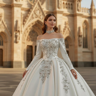 Luxury Crystals Ball Gown Wedding Dress with Off Shoulder Long Sleeve - Rosymae