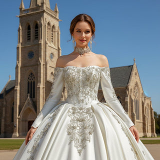 Luxury Crystals Ball Gown Wedding Dress with Off Shoulder Long Sleeve - Rosymae