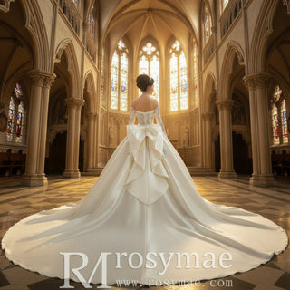 Luxury Crystals Ball Gown Wedding Dress with Off Shoulder Long Sleeve - Rosymae
