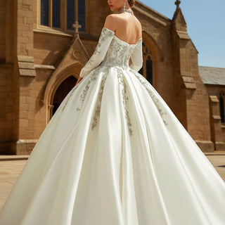 Luxury Crystals Ball Gown Wedding Dress with Off Shoulder Long Sleeve - Rosymae