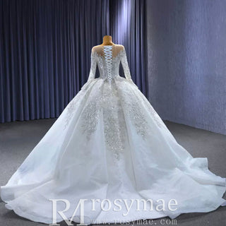 Luxury Dubai Long Sleeve Beaded Sequins Puffy Wedding Dress - Rosymae