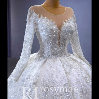 Luxury Dubai Long Sleeve Beaded Sequins Puffy Wedding Dress - Rosymae