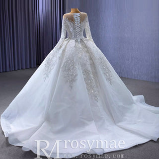 Luxury Dubai Long Sleeve Beaded Sequins Puffy Wedding Dress - Rosymae