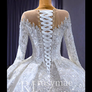 Luxury Dubai Long Sleeve Beaded Sequins Puffy Wedding Dress - Rosymae